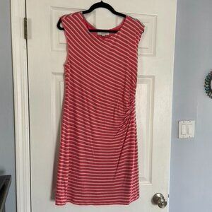 LOFT sleeveless ruched dress coral cream stripes, size L